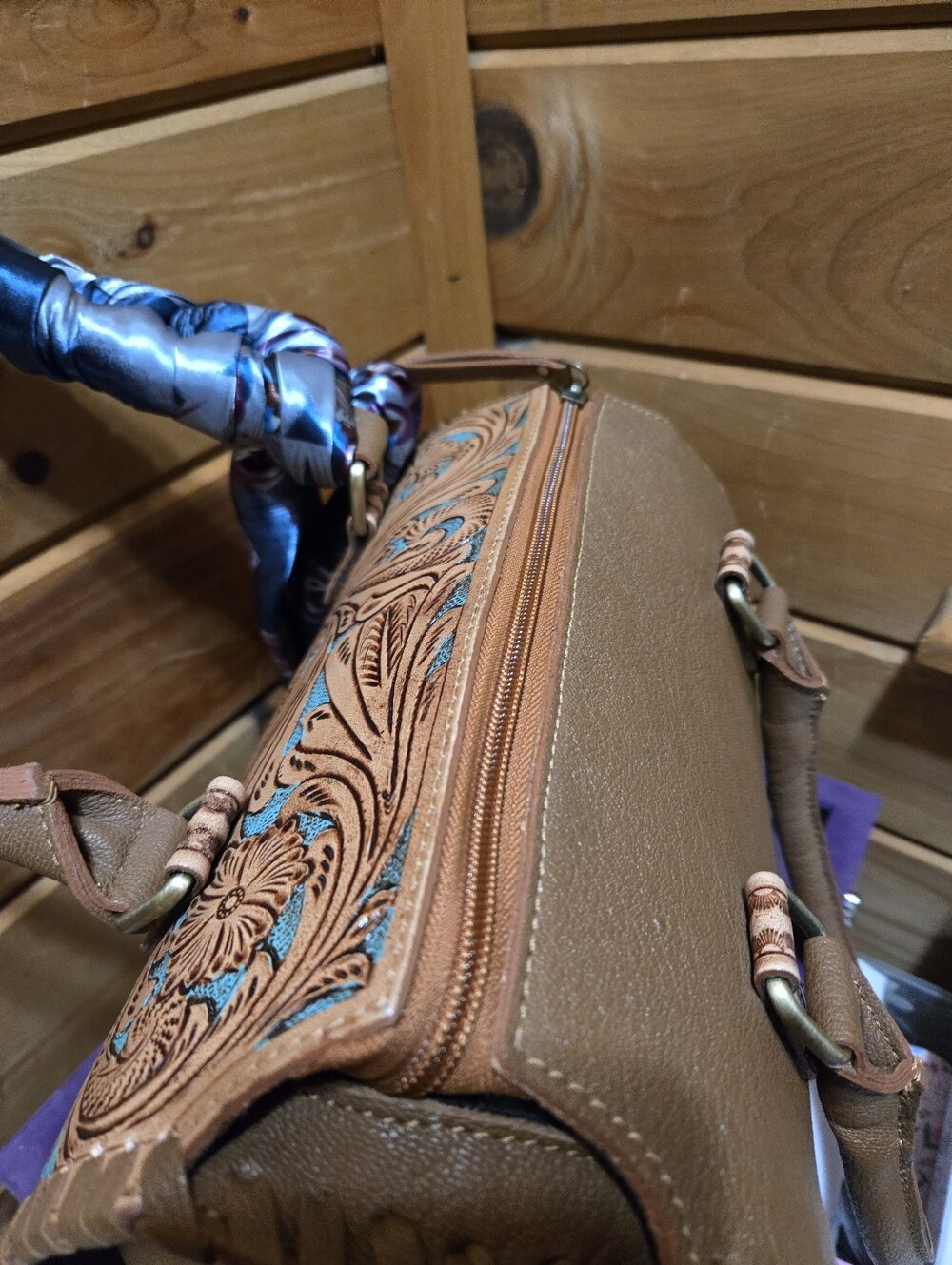 Genuine Leather Handtooled Speedy Satchel Handbag NWOT - Picture 8 of 12
